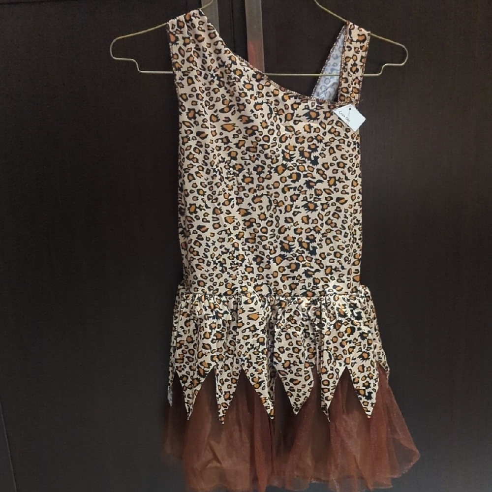 Kids Cave Girl Costume Leopard Print Dress with Brown Tulle Skirt - Size 6-8 NWT